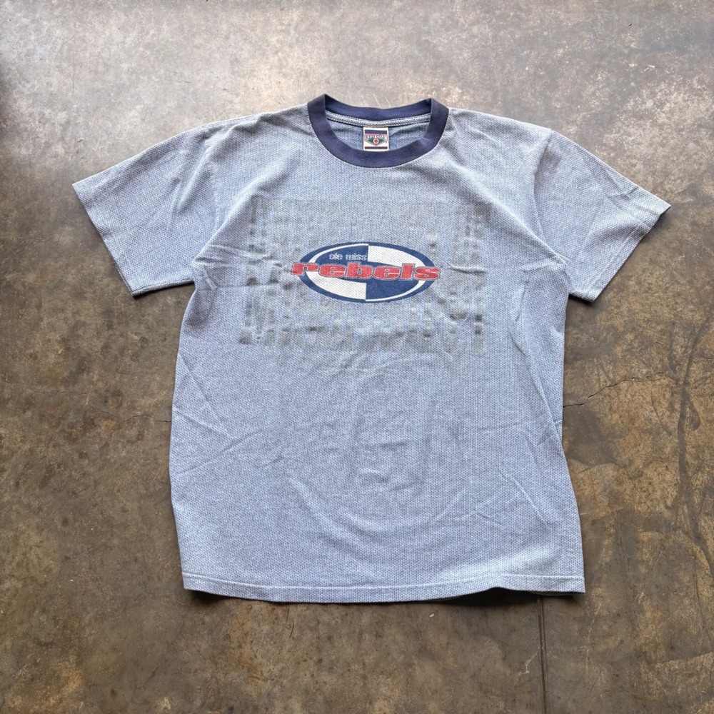 Vintage Red Oak Ole Miss Rebels T-Shirt Grey Waffle Knit Mens XL 90s NCAA Tee
